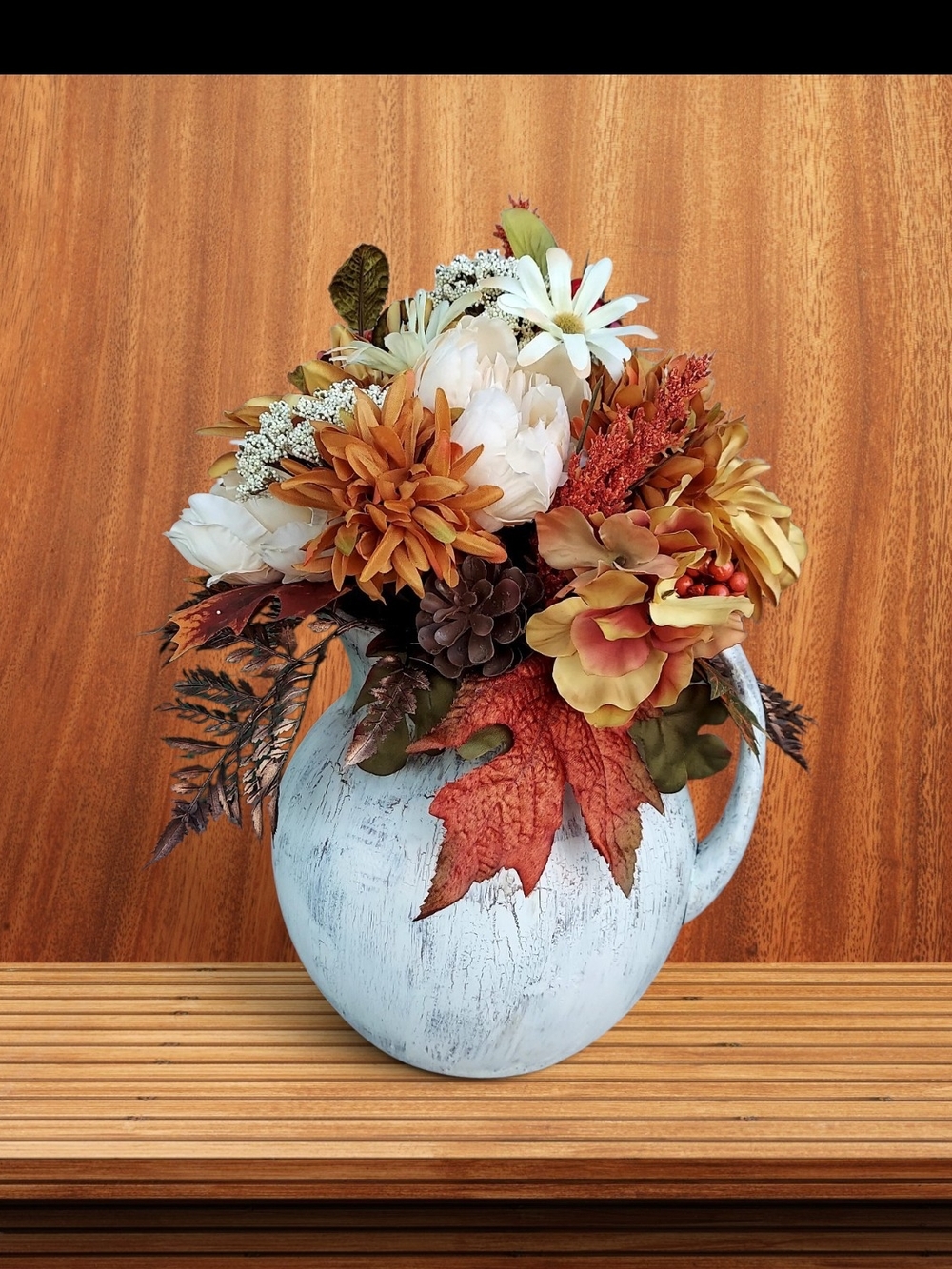 Autumn Faux Floral Pitcher Arrangement in White and Orange